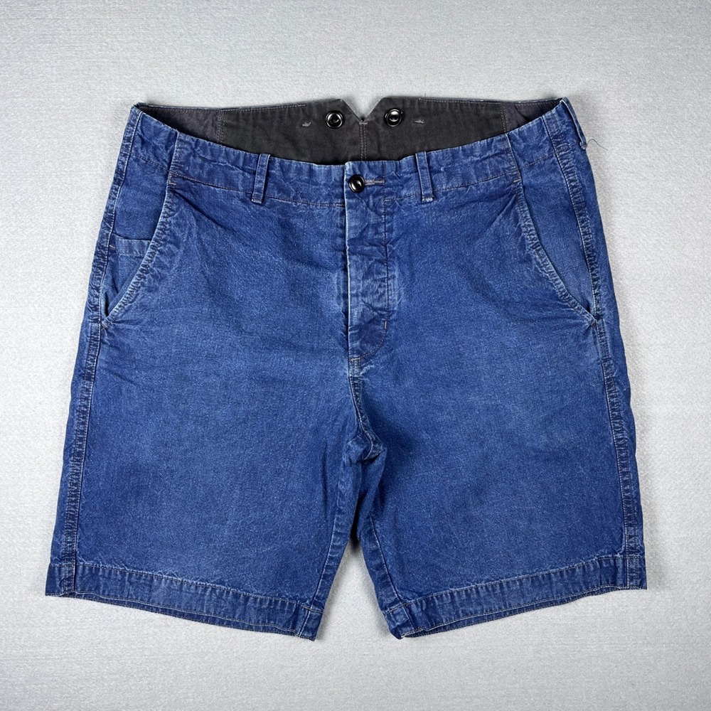 Wallace & Barnes Mens Indigo Denim Shorts Button Fly Heritage Workwear Size 33